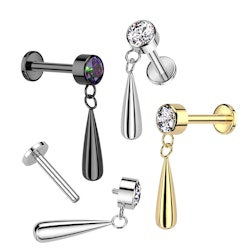Labret / flat back piercing i titanium 1,2mm - Kubisk zirconia och droppformat hänge