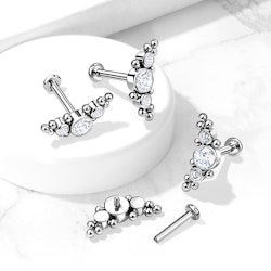 Labret / flat back piercing i titanium 1,2mm - Kluster med bollar och tre kubisk zirconia