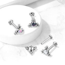 Labret / flat back piercing i titanium 1,2mm - Triangelformat kluster med bollar och kubisk zirconia