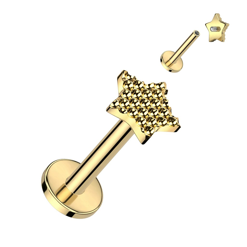 Labret / flat back piercing i titanium 1,2mm - Stjärnformad mönstrad topp