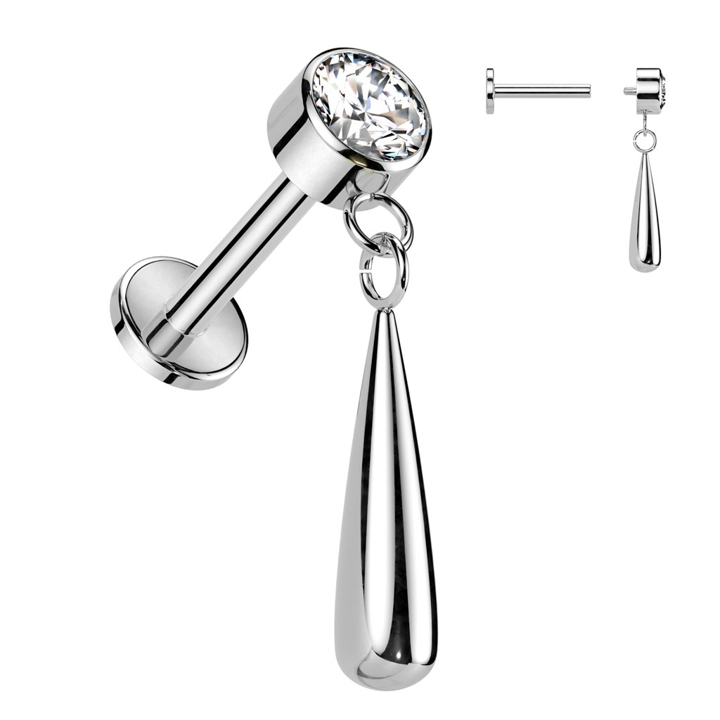 Labret / flat back piercing i titanium 1,2mm - Kubisk zirconia och droppformat hänge