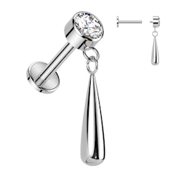 Labret / flat back piercing i titanium 1,2mm - Kubisk zirconia och droppformat hänge
