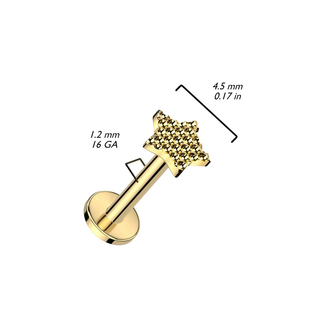 Labret / flat back piercing i titanium 1,2mm - Stjärnformad mönstrad topp