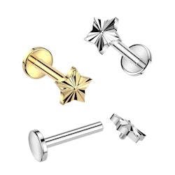 Labret / flat back i titanium 1,2mm med diamantpräglad stjärna