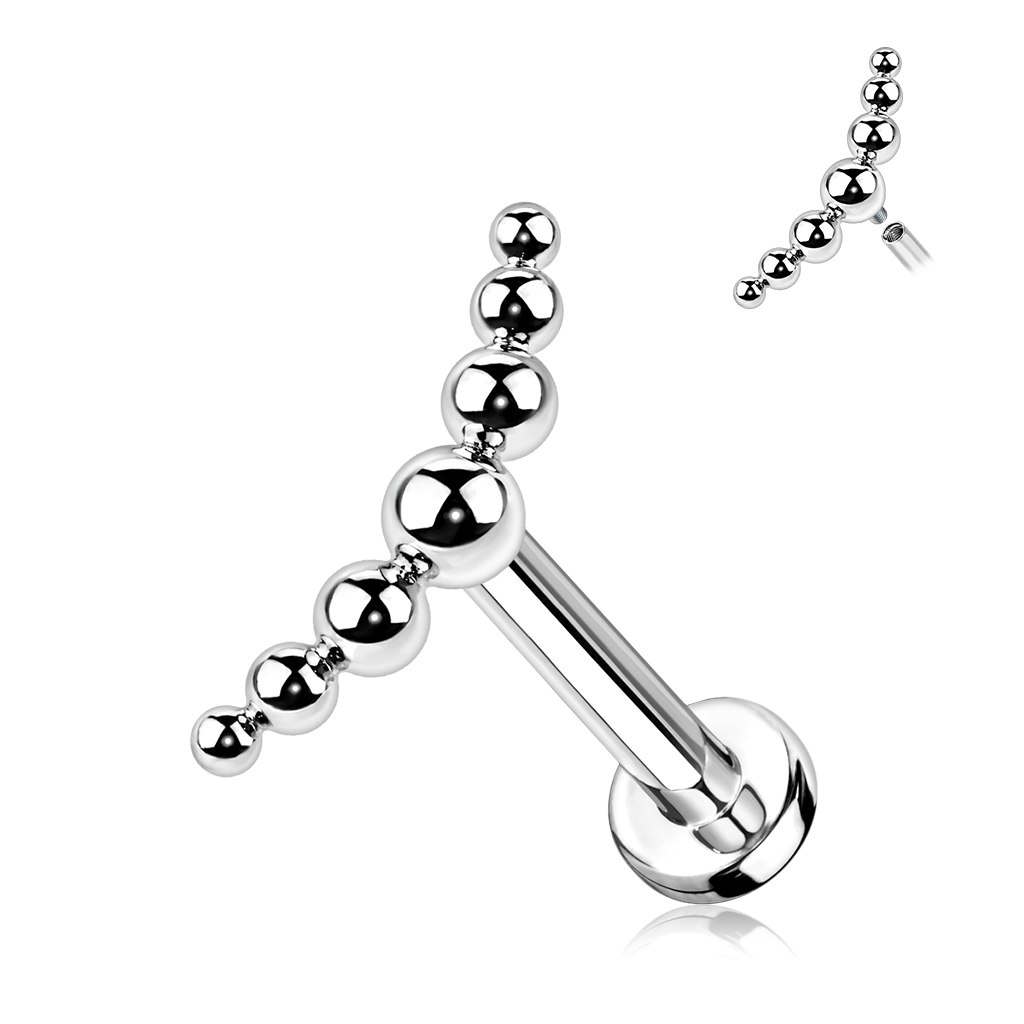 Labret / flat back piercing i titanium 1,2mm med lätt böjd topp med 7 kulor