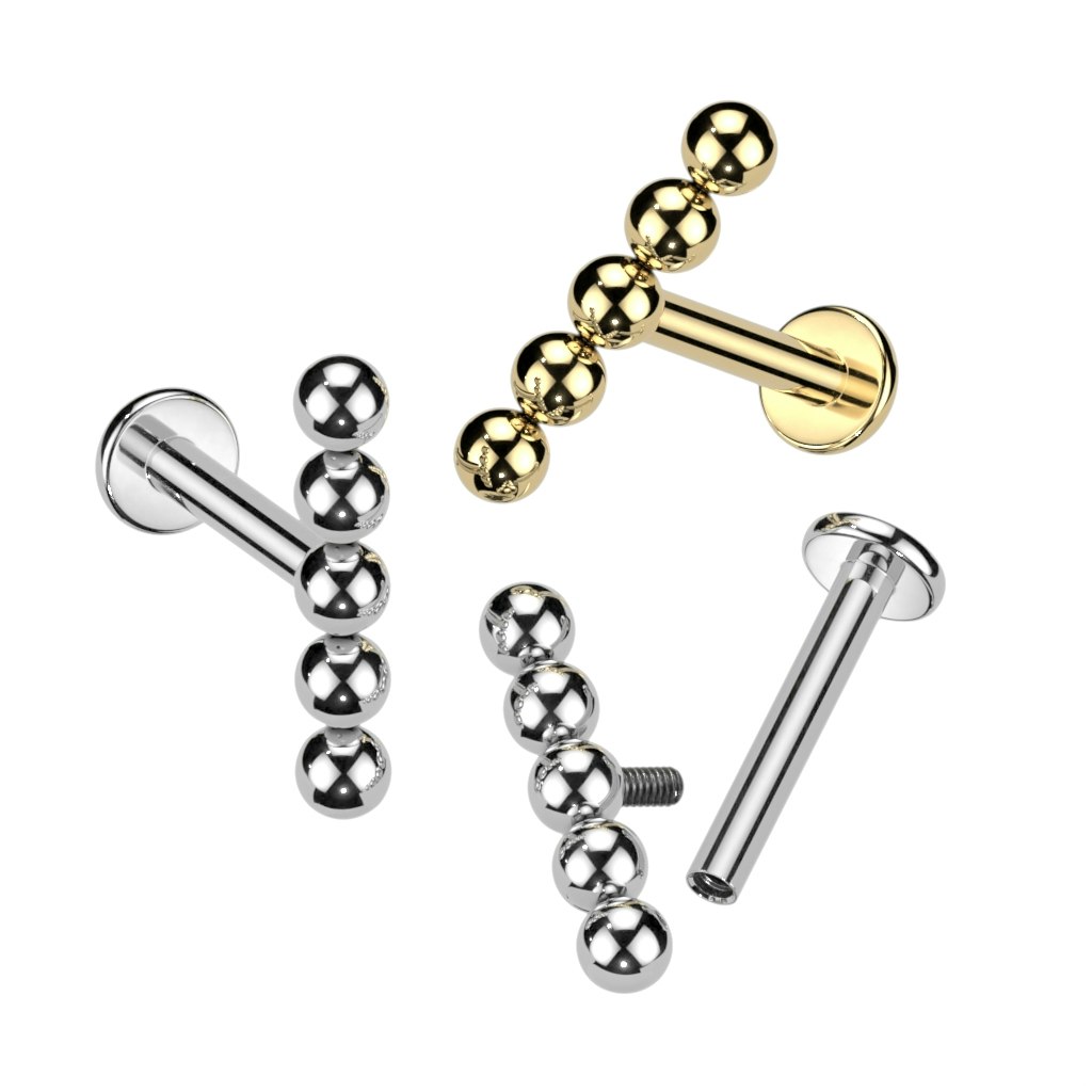Labret / flat back piercing i titanium 1,2mm med 5 kulor i rad