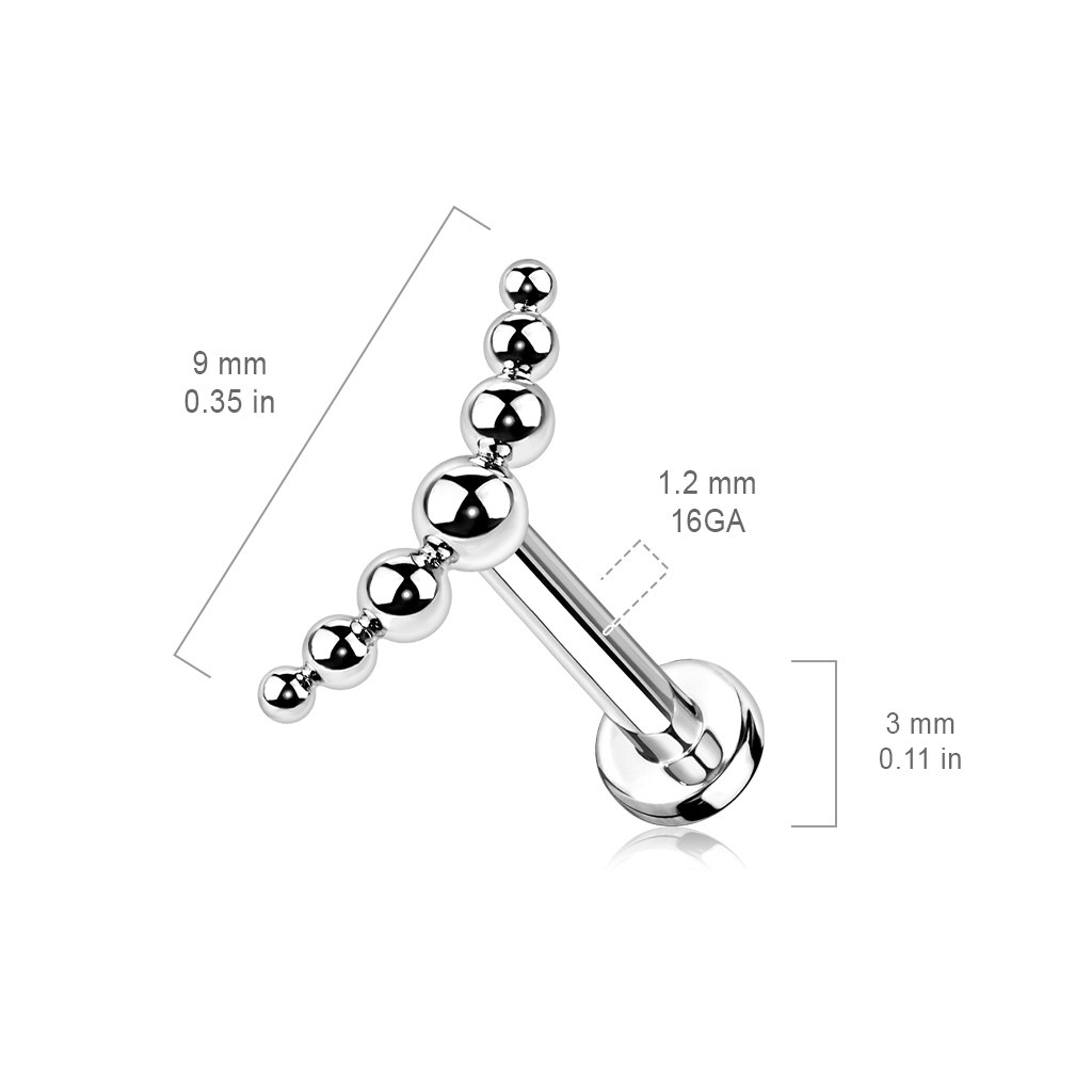 Labret / flat back piercing i titanium 1,2mm med lätt böjd topp med 7 kulor