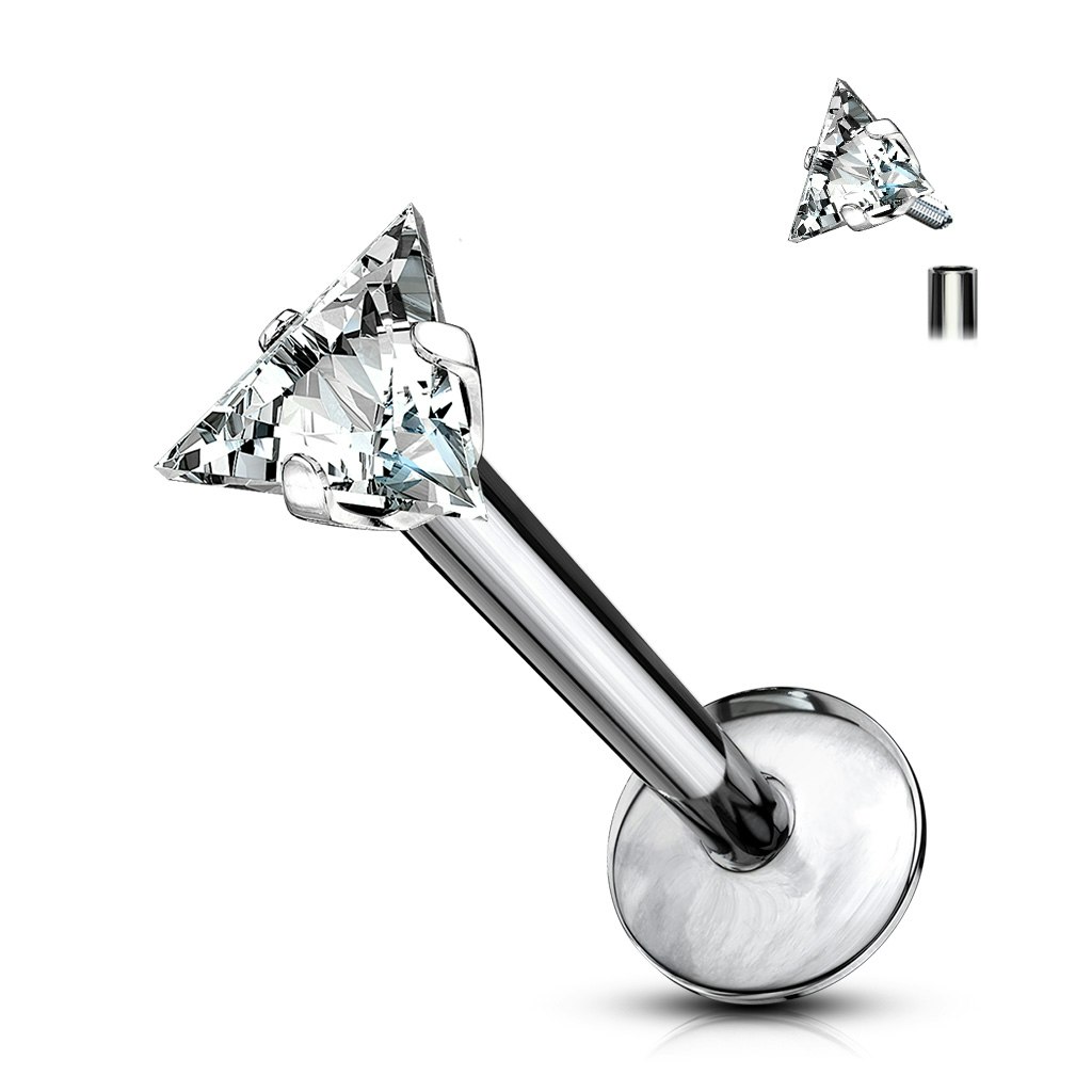 Labret / flat back piercing i titanium 1,2mm med triangelformad kubisk zirconia