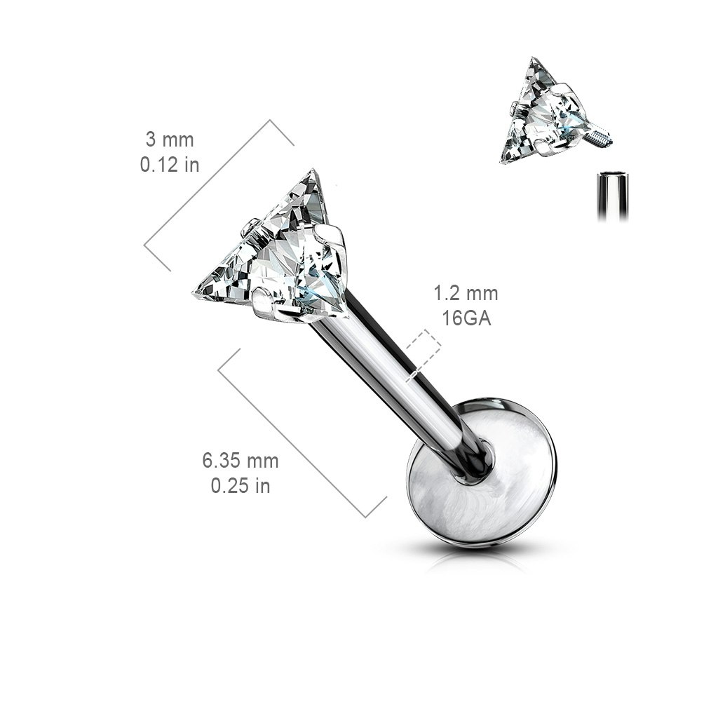 Labret / flat back piercing i titanium 1,2mm med triangelformad kubisk zirconia