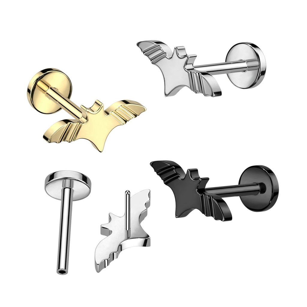 Labret / Flat back piercing i titanium 1,0mm Threadless - Topp med fladdermus