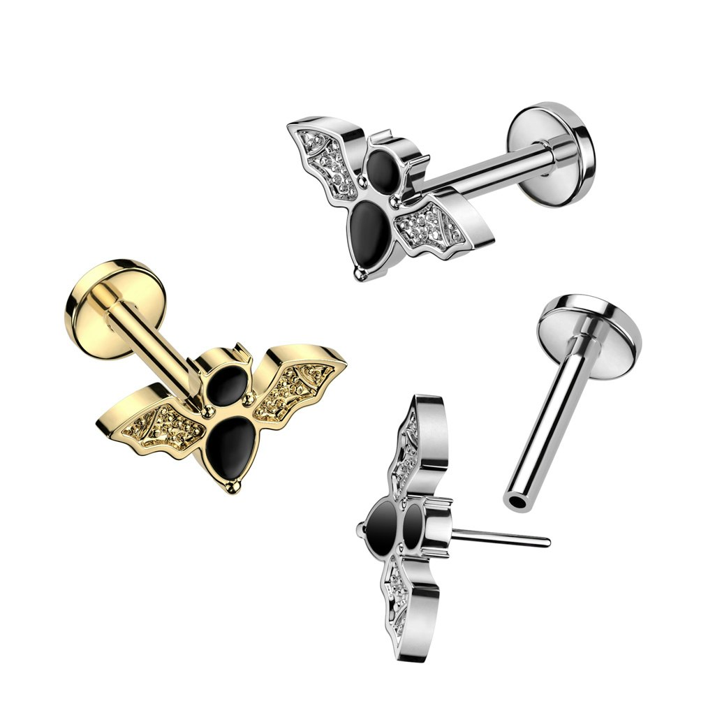 Labret / flat back piercing i titanium 1,0mm eller 1,2mm Threadless - Topp med fladdermus
