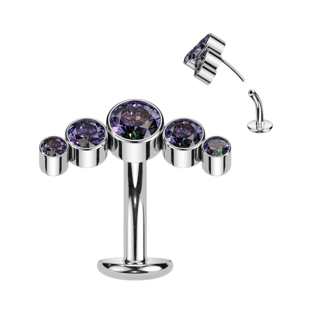 Threadless Navelsmycke i titanium - Böjd topp med 5st kubisk zirconia