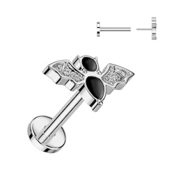 Labret / flat back piercing i titanium 1,0mm eller 1,2mm Threadless - Topp med fladdermus