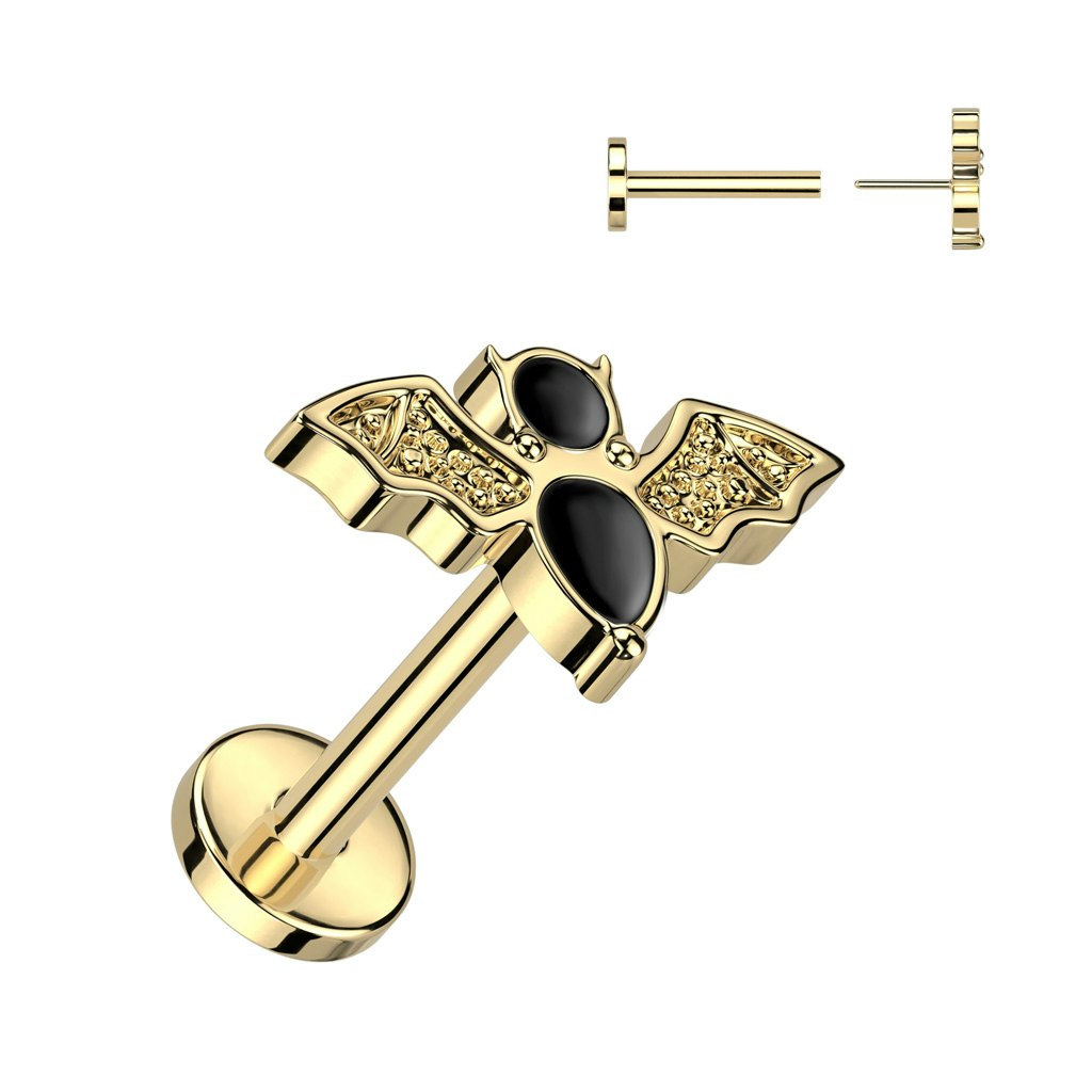 Labret / flat back piercing i titanium 1,0mm eller 1,2mm Threadless - Topp med fladdermus