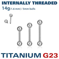 Barbell i titanium 1,6mm invändigt gängad med 5mm kulor