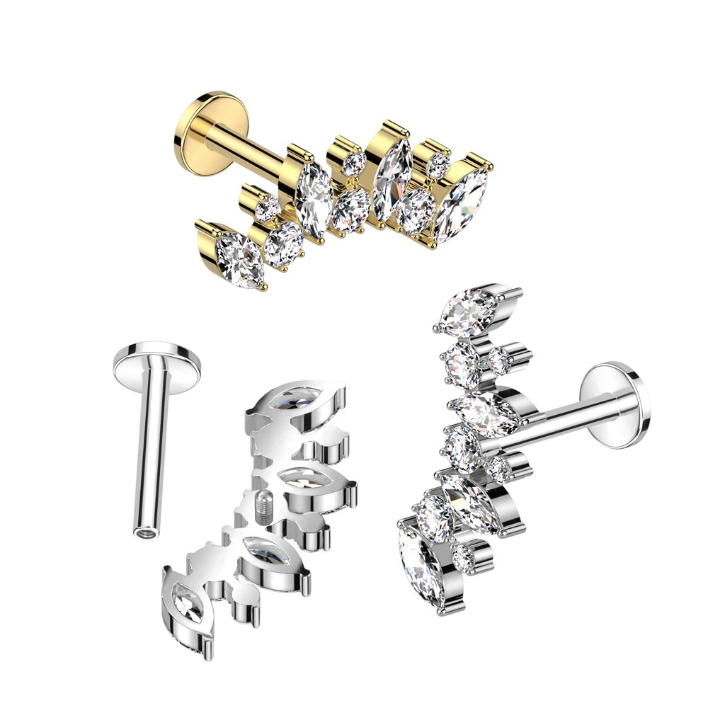 Labret / flat back piercing i titanium 1,2mm - Lätt kurvad topp med rund och marquise kubisk zirconia