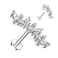 Labret / flat back piercing i titanium 1,2mm - Lätt kurvad topp med rund och marquise kubisk zirconia