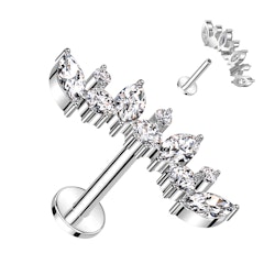 Labret / flat back piercing i titanium 1,2mm - Lätt kurvad topp med rund och marquise kubisk zirconia