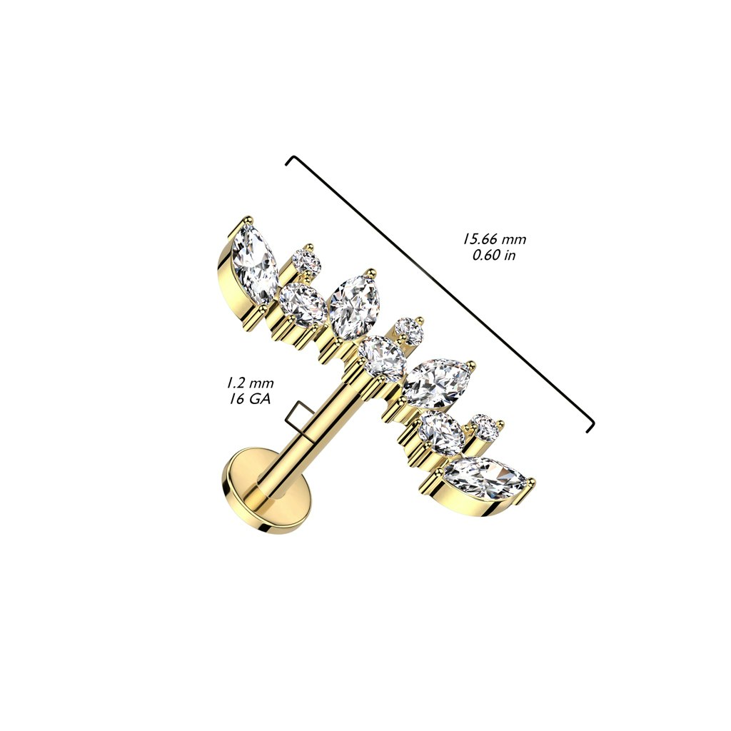 Labret / flat back piercing i titanium 1,2mm - Lätt kurvad topp med rund och marquise kubisk zirconia