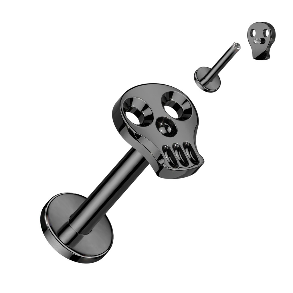 Labret / flat back piercing i titanium 1,2mm - Dödskalle topp