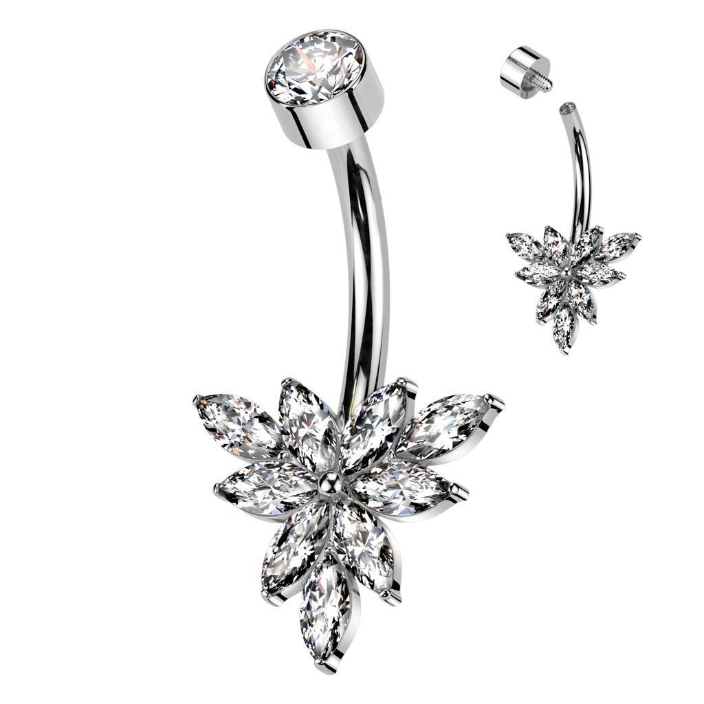 Navelsmycke banana 1,6mm i titanium invändigt gängad - Blomma med marquise slipade kubisk zirconia