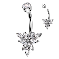 Navelsmycke banana 1,6mm i titanium invändigt gängad - Blomma med marquise slipade kubisk zirconia