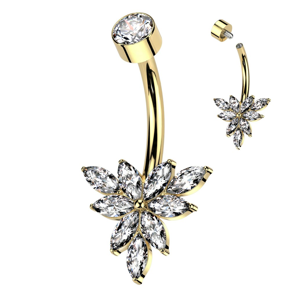 Navelsmycke banana 1,6mm i titanium invändigt gängad - Blomma med marquise slipade kubisk zirconia