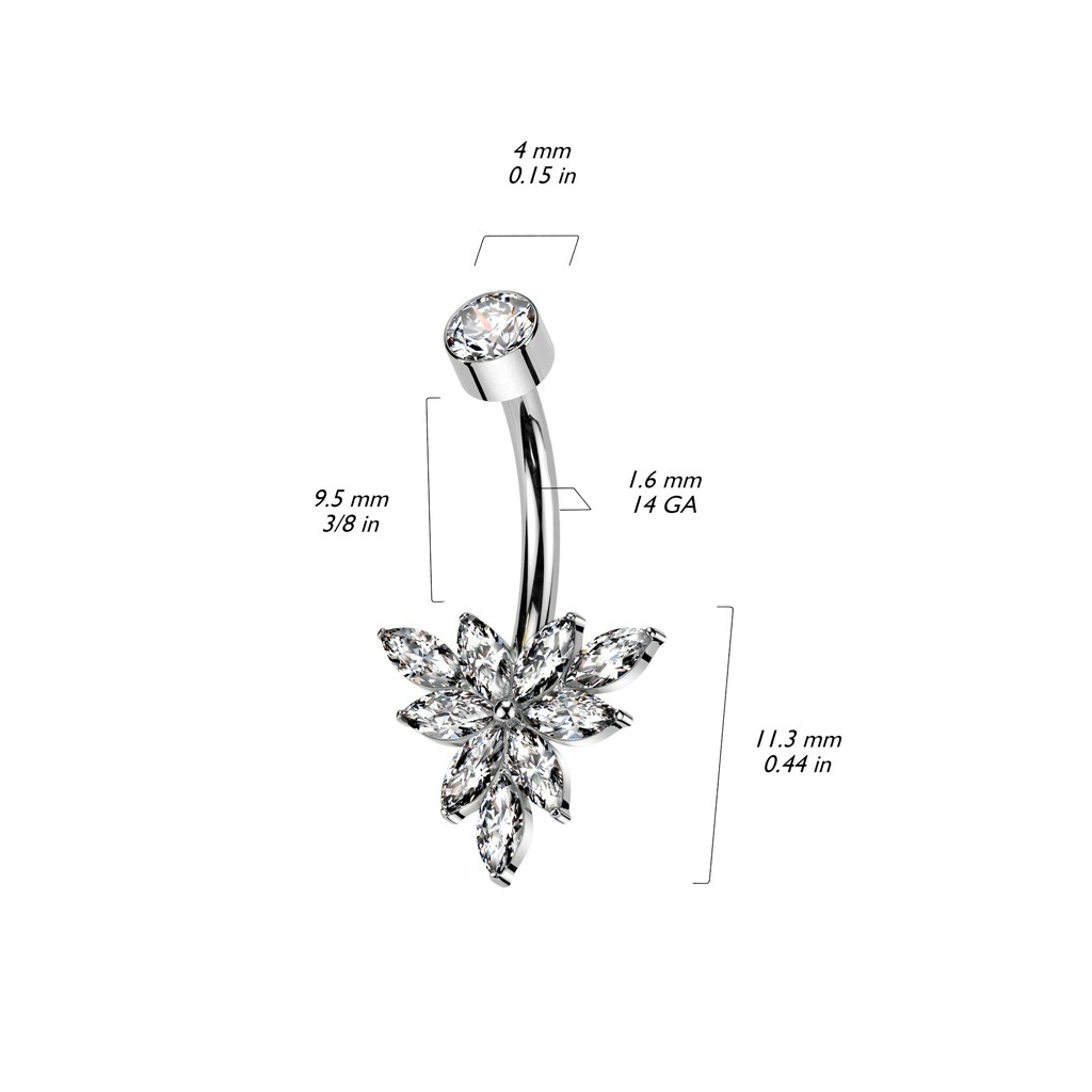 Navelsmycke banana 1,6mm i titanium invändigt gängad - Blomma med marquise slipade kubisk zirconia