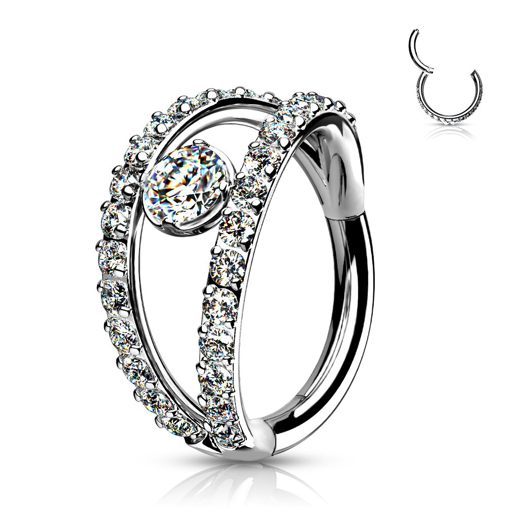 Clicker ring i kirurgiskt stål 1,2mm - centrerad kubisk zirconia och dubbel crystalklädd hoop