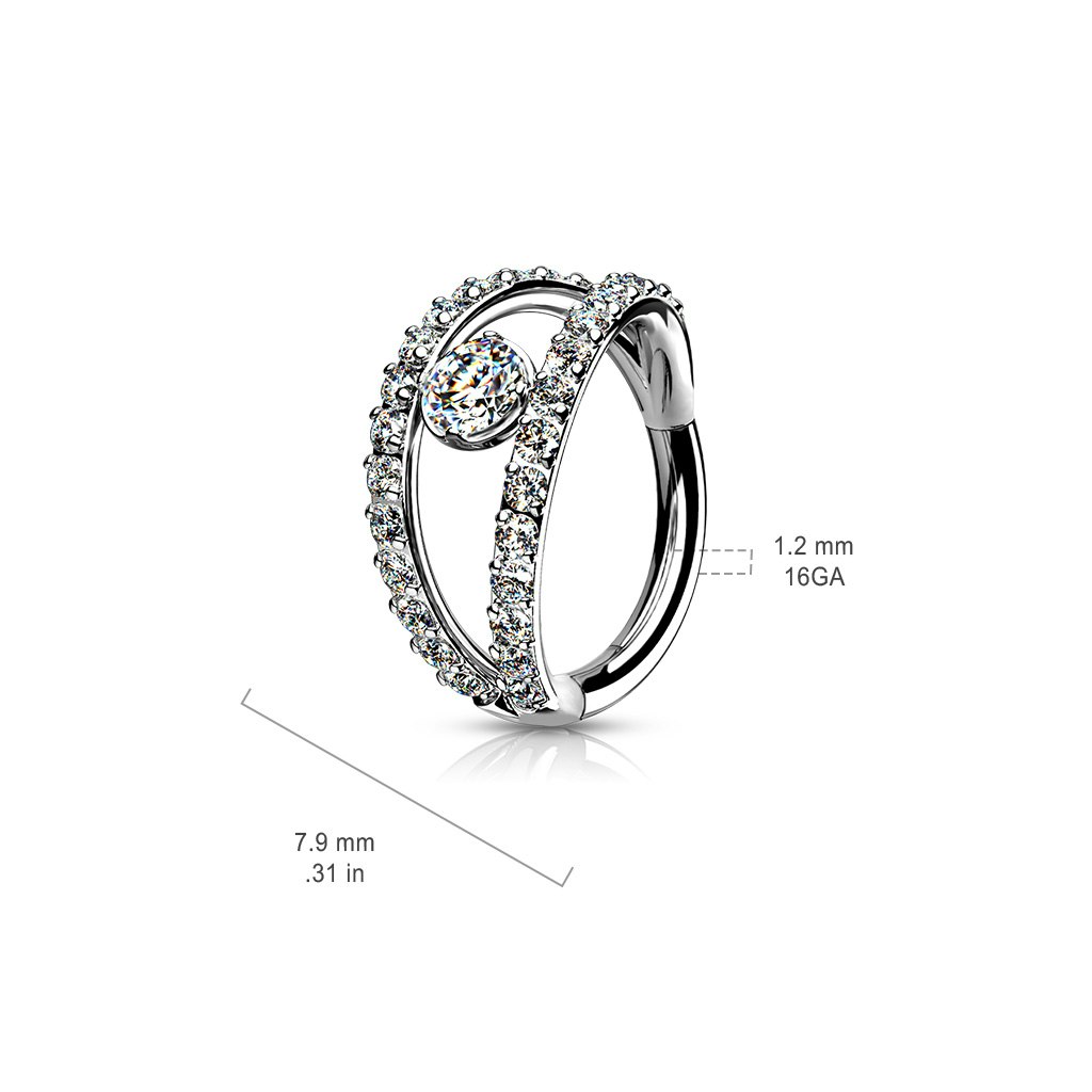 Clicker ring i kirurgiskt stål 1,2mm - centrerad kubisk zirconia och dubbel crystalklädd hoop
