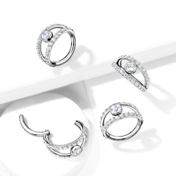 Clicker ring i kirurgiskt stål 1,2mm - centrerad kubisk zirconia och dubbel crystalklädd hoop