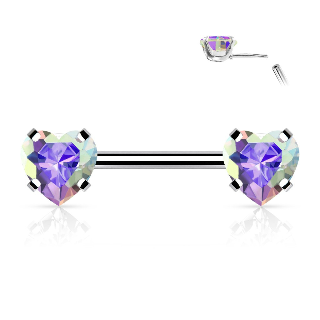 Threadless barbell för piercing i bröstvårta - kirurgiskt stål 1,6mm med hjärtformade kubisk zirconia