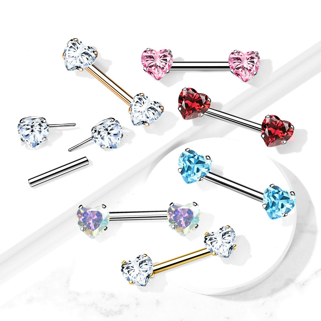 Threadless barbell för piercing i bröstvårta - kirurgiskt stål 1,6mm med hjärtformade kubisk zirconia