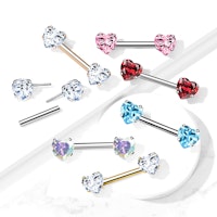 Threadless barbell för piercing i bröstvårta - kirurgiskt stål 1,6mm med hjärtformade kubisk zirconia