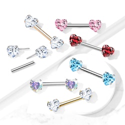 Threadless barbell för piercing i bröstvårta - kirurgiskt stål 1,6mm med hjärtformade kubisk zirconia