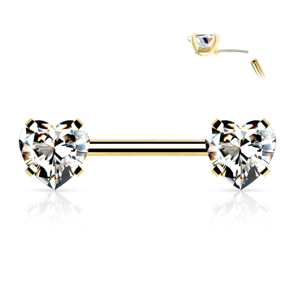 Threadless barbell för piercing i bröstvårta - kirurgiskt stål 1,6mm med hjärtformade kubisk zirconia