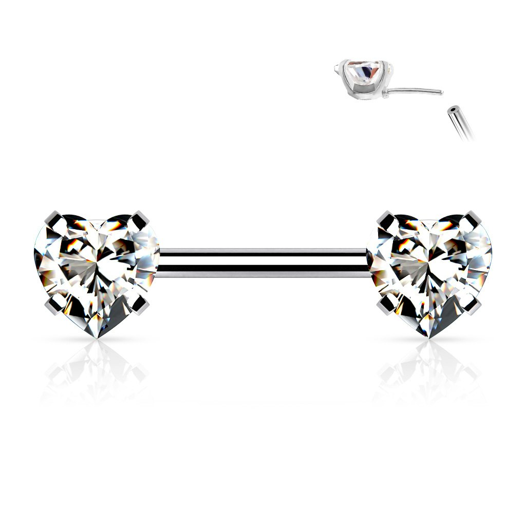 Threadless barbell för piercing i bröstvårta - kirurgiskt stål 1,6mm med hjärtformade kubisk zirconia