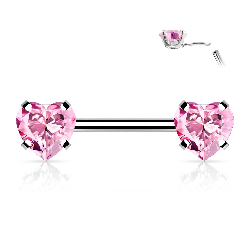 Threadless barbell för piercing i bröstvårta - kirurgiskt stål 1,6mm med hjärtformade kubisk zirconia