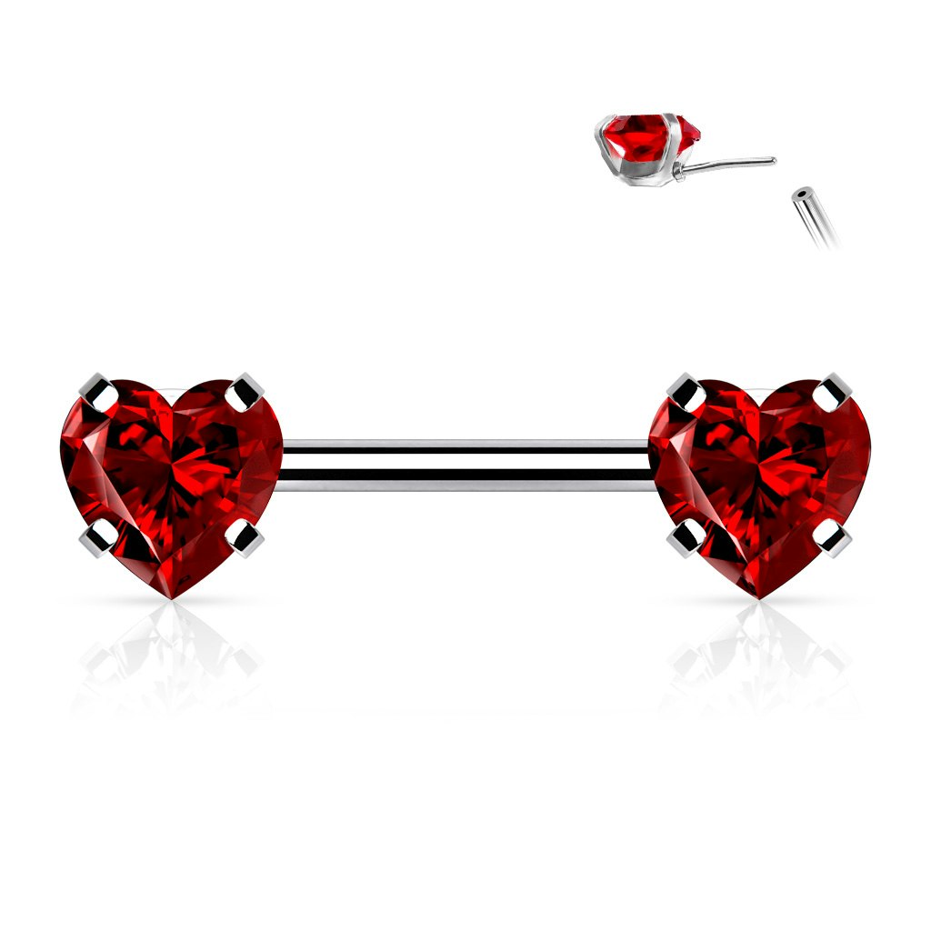 Threadless barbell för piercing i bröstvårta - kirurgiskt stål 1,6mm med hjärtformade kubisk zirconia