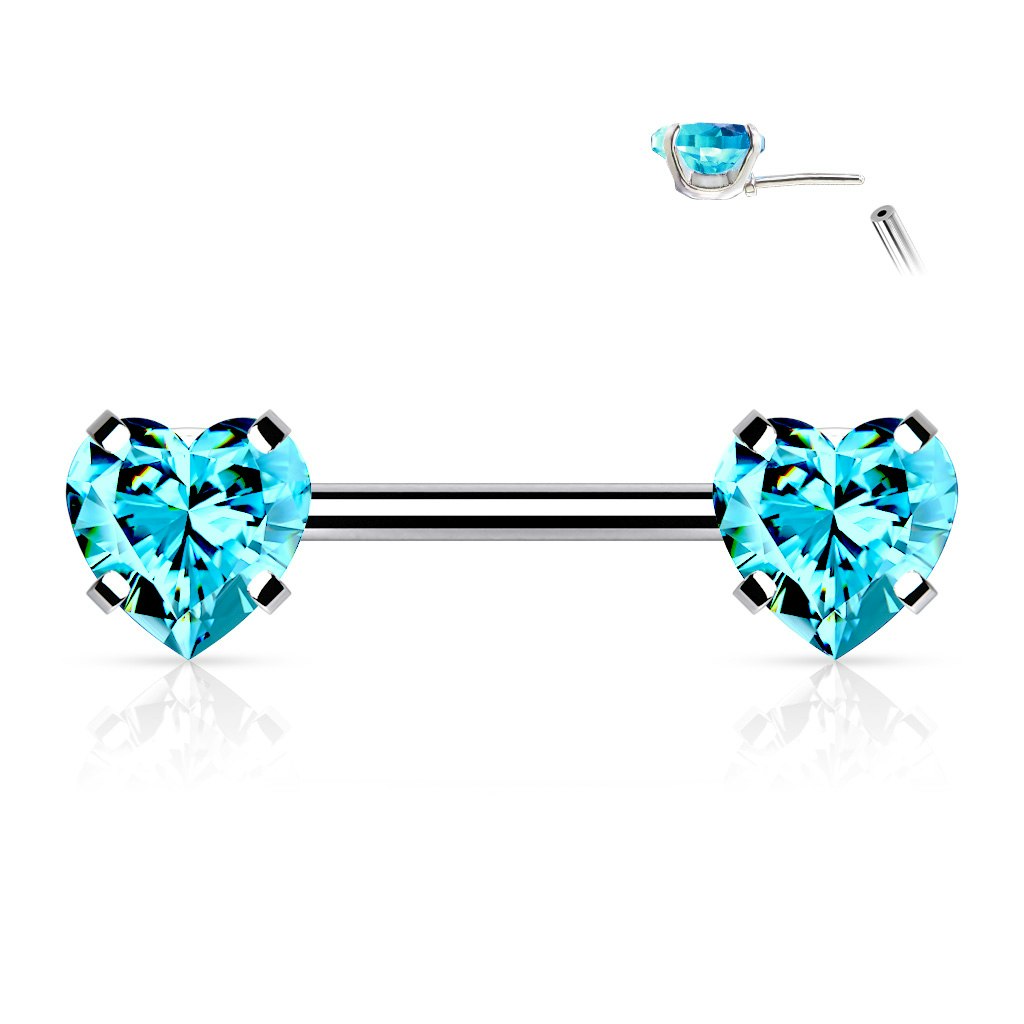 Threadless barbell för piercing i bröstvårta - kirurgiskt stål 1,6mm med hjärtformade kubisk zirconia