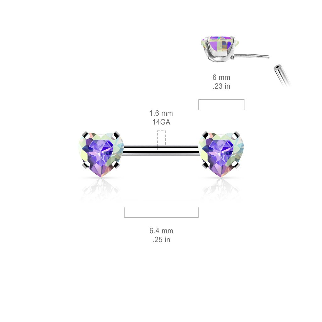 Threadless barbell för piercing i bröstvårta - kirurgiskt stål 1,6mm med hjärtformade kubisk zirconia