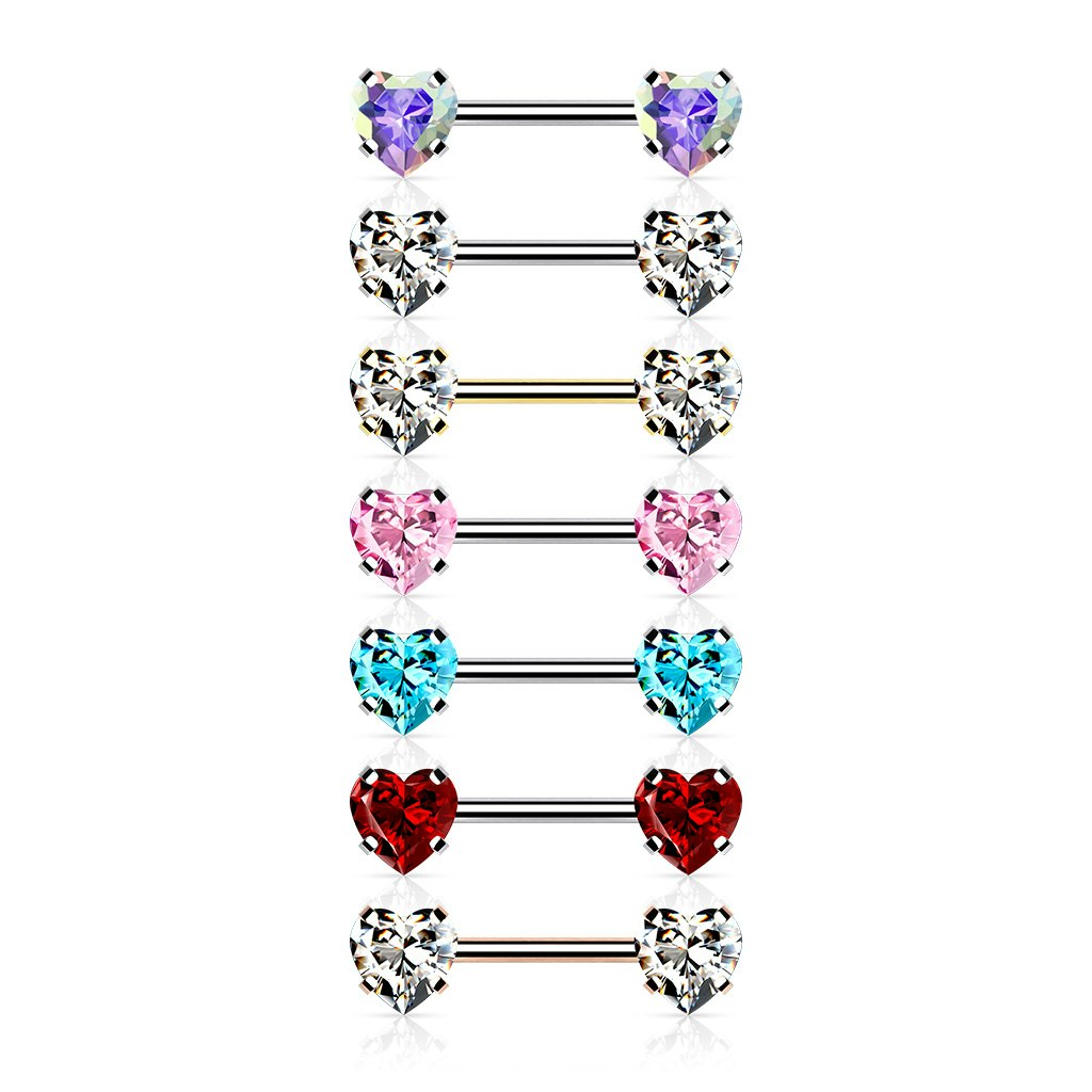 Threadless barbell för piercing i bröstvårta - kirurgiskt stål 1,6mm med hjärtformade kubisk zirconia
