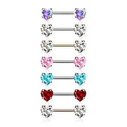 Threadless barbell för piercing i bröstvårta - kirurgiskt stål 1,6mm med hjärtformade kubisk zirconia
