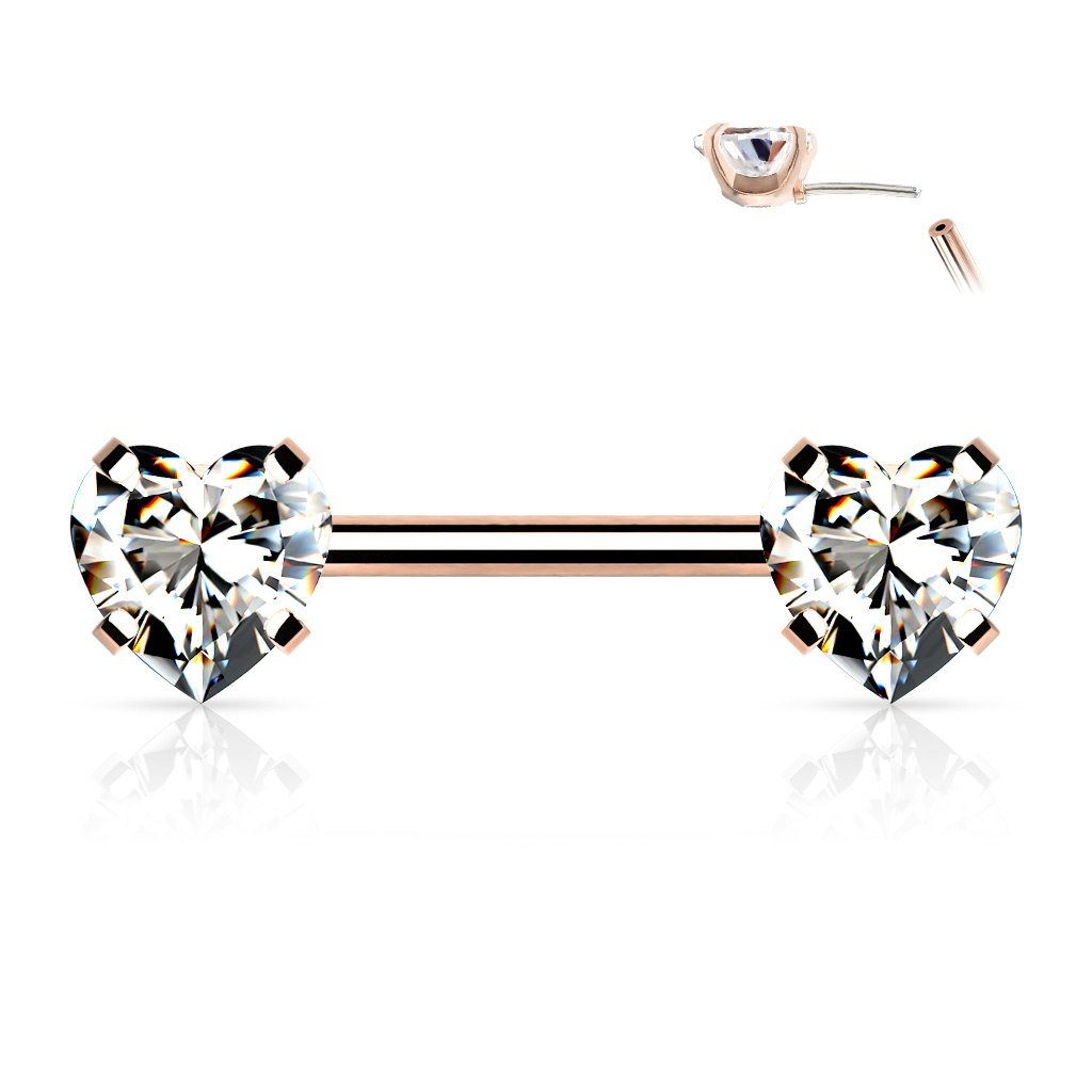 Threadless barbell för piercing i bröstvårta - kirurgiskt stål 1,6mm med hjärtformade kubisk zirconia