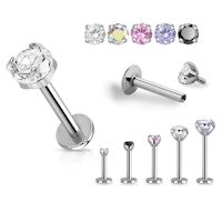 Labret / flat back piercing i titanium - 1,2mm med prong-set kubisk zirconia