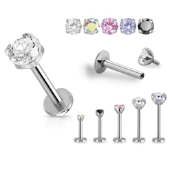 Labret / flat back piercing i titanium - 1,2mm med prong-set kubisk zirconia