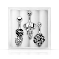 Liten ask med 3 sorterade navelpiercings - med kubisk zirconia och naturlig sten