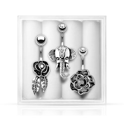 Liten ask med 3 sorterade navelpiercings - med kubisk zirconia och naturlig sten