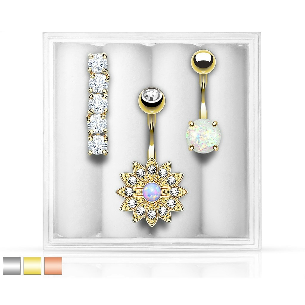 Förvaringsask med 3st navelsmycken med kubisk zirconia / syntetisk opal