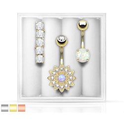 Förvaringsask med 3st navelsmycken med kubisk zirconia / syntetisk opal
